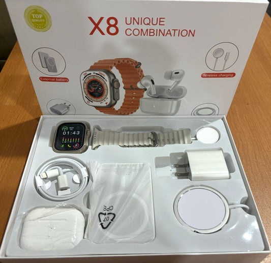 Súper Combo (smartwatch, audífonos inalámbricos, cargadores magnéticos, base de carga, correa adicional y más)